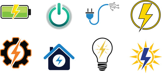 Electric Power Icons Set &ndash; Energy, Battery, Lightning, Plug, Solar, Voltage, Technology Symbols