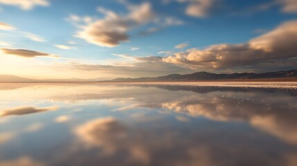 Fototapeta premium Tranquil desert reflection a surreal mirrored landscape bathed in warm golden hour sunlight