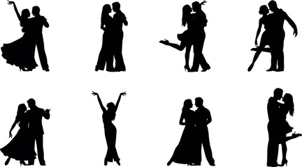 Silhouettes of dancing couples in various poses showcasing elegant ballroom, Latin, and expressive dance styles on white background vector