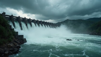 Hydroelectric dam releases immense water forcefully through multiple spillways. Dark storm clouds gather over rugged mountain landscape. Powerful churning water rushes, creating thick mist. Green