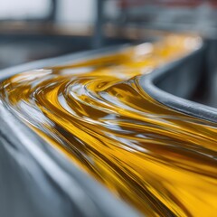 Flowing Golden Liquid in Industrial Channel, Abstract Texture, Close-Up, Shiny Surface.