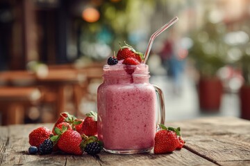 Fresh Strawberry and Blueberry Smoothie in Mason Jar on Rustic Wooden Table.