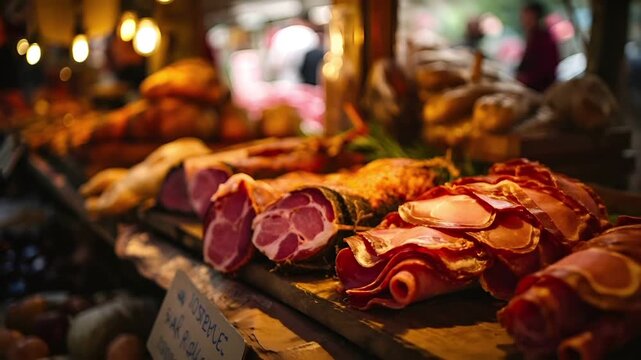 Prague, Czech Republic, Europe. A closeup shot of a bustling market stall with a variety of cured meats on display.