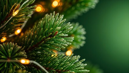 Close-up of a frosted Christmas tree branch with glowing lights. Festive winter holiday background with pine needles and bokeh. Seasonal decoration with copy space for text