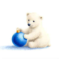 Cute Watercolor Painting of a Polar Bear Cub Playing with a Bright Blue Christmas Ornament 