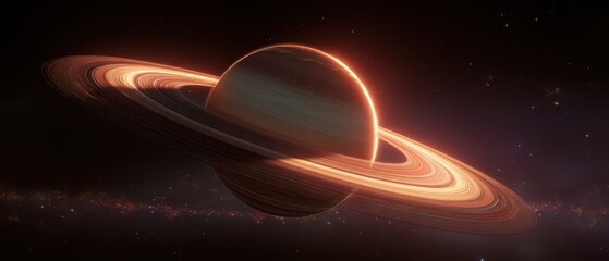 Golden Corona - A Majestic Ringed Planet Illuminated by a Hidden Stars Ethereal Glow.