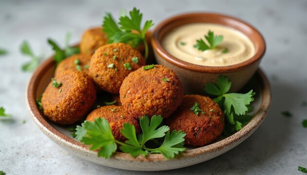 Golden brown falafel balls served with tahini dip on rustic plate. Garnished with fresh parsley. Delicious chickpea fritters meal ready to eat. Authentic street food.