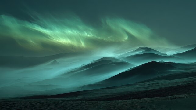Ethereal Aurora Borealis over Misty Mountain Ridges, Dreamlike Landscape.