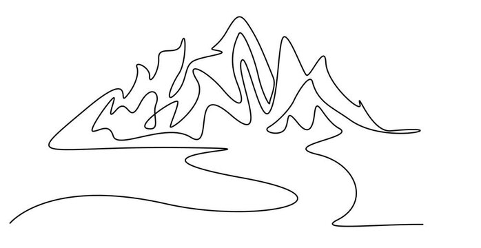 Animated self drawing of Mountains landscape view. Continuous one line drawing, One continuous line drawing of mountain range landscape, Mountains continuous one line drawing. 