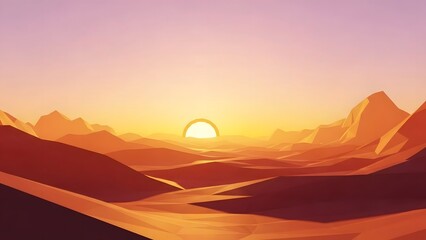 Abstract Sunset Landscape with Mountainous Terrain in Warm Orange Pink Tones