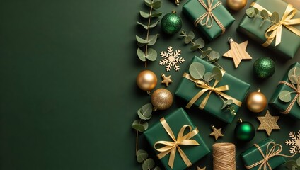 Christmas flat lay with green gifts and gold decorations. Festive holiday background with presents, ornaments and eucalyptus. Top view with copy space for text