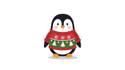A penguin wearing a Christmas sweater