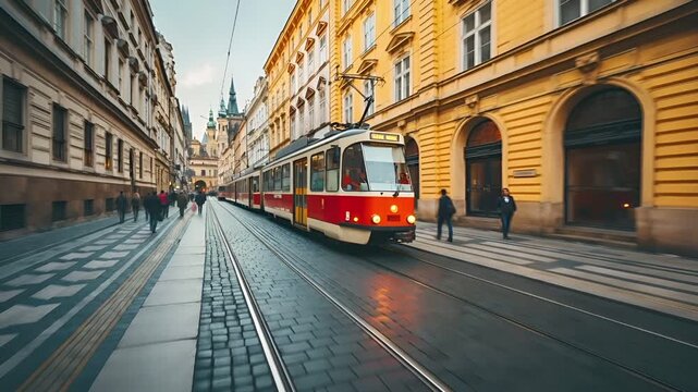 Prague, Czech Republic, Europe. A city street scene captured during the day, with a red and white tram in motion. The buildings lining the street are Europeanstyle.