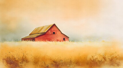 Golden wheat field embraces a classic red barn serene countryside watercolor art print evokes peaceful rural beauty