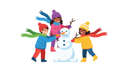 Joyful diverse children building a snowman together during a fun winter day, enjoying outdoor activity and childhood happiness