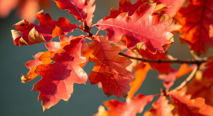Obraz premium Vibrant red oak leaves glowing in warm autumn sunlight with a soft green background