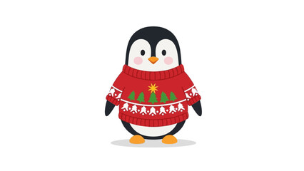 Cartoon penguin wears a red Christmas sweater with trees star and snowflake patterns