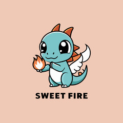 Adorable baby dragon holding a small flame with wings and big eyes