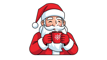 Cartoon Santa in red holding a cup steaming drink with snowflake design smiling