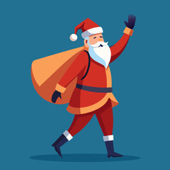 Joyful santa claus carrying a large gift sack and waving hello
