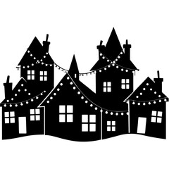 Fototapeta premium Charming silhouette village scene with twinkling decorative lights