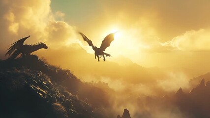 Chinese lunar new year Chunjie celebration concept. A vivid portrayal of a dragon perched atop a rocky outcrop, set against a backdrop of a dramatic sky.