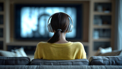 Woman headphones sitting couch yellow sweater back TV screen focused living room peaceful relaxed generative AI