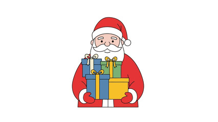 Santa Claus holds gifts he wears a red suit and hat with a white beard and gloves