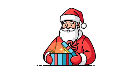 Santa Claus opening a gift wearing his classic outfit