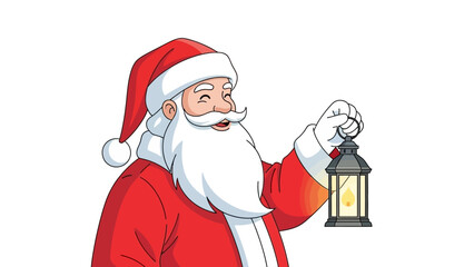 Santa Claus smiles holding a lantern with a flame in his gloved hand