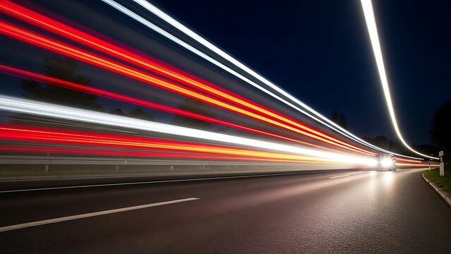 Dynamic car light trails streak across night highway, perfect for transportation, automotive, or technology concepts with speed and motion, vibrant and bold