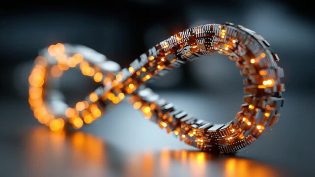 An illuminated infinity symbol, constructed of circuit board elements, with blurred highlights