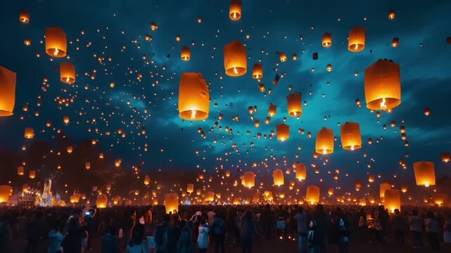 Chinese lunar new year Chunjie celebration concept. A nighttime scene featuring floating lanterns in the sky. The lanterns are illuminated, casting a warm glow on the surrounding area.