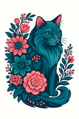 Elegant Teal Cat Portrait Surrounded By Pink And Red Blooming Flowers Nature Art Design
