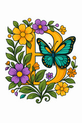 Letter B Typography Decorated With Teal Butterfly And Colorful Spring Flowers Garden Concept
