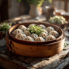 Delicious Steamed Dumplings in Rustic Bamboo Steamer, Artfully Arranged and Bathed in Warm, Golden Light.