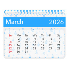March 2026 calendar illustration with blue header and decorative floral background design