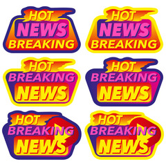 Colorful hot breaking news labels with vibrant design elements and bold typography