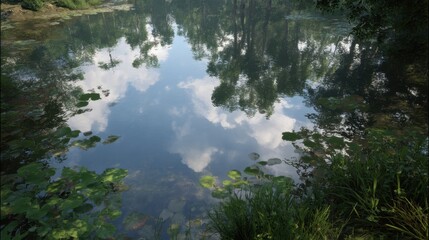 Serene Reflection of Trees and Clouds on Tranquil Water Surface in Lush Natural Landscape with Greenery and Calm Atmosphere