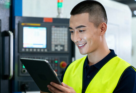 Smiling Asian factory worker using a digital tablet in front of machinery. Male engineer operating industrial equipment in a modern plant. Industry 4.0 and smart manufacturing concept