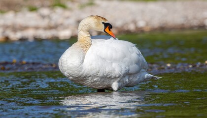 Angsa elegan beristirahat di air yang tenang, keindahan alam