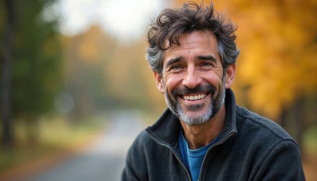 Happy middle aged man with grey beard smiles. He has curly hair, wears a dark jacket, blue shirt. Outdoors in fall, a park path and colorful autumn trees create a positive, relaxed scene. - Powered by Adobe