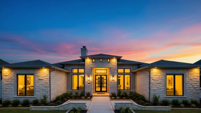 Exterior view of a modern stone house at dusk with a colorful sky