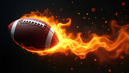 American football soars ablaze a dark space. The fiery ball flies trailing flames. This intense sport art shows competition vigor in burning hues on a black backdrop for dynamic promo materials.