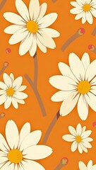 Fototapeta premium Colorful 70s-style daisy flowers arranged in a groovy repeating pattern with warm orange, cream, and chocolate brown tones.
