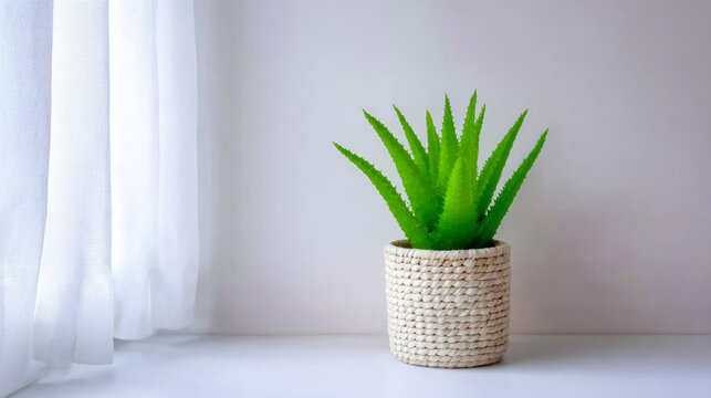 Potted aloe vera plant standing on a white surface, adding a touch of natural green to a bright, minimalist interior space