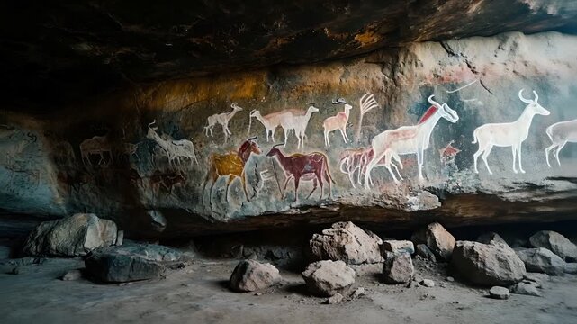 Aurora cave painting depicting a group of antelopes on a rocky terrain. The painting is characterized by its vibrant colors and intricate details, with the antels exhibiting a mix of red, white.
