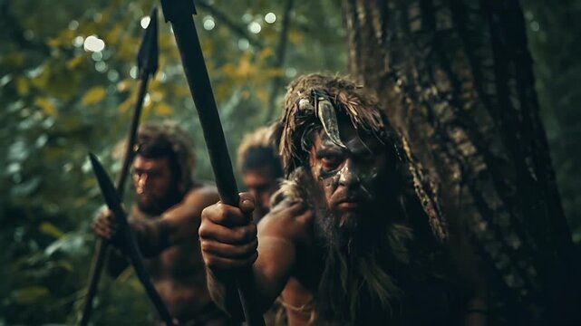 Stone age caveman. Aboriginal man with tribal face paint and spear in forest settingAborigo Vespucci in a forest setting, with a spear in hand and a blurred background of green foliage.