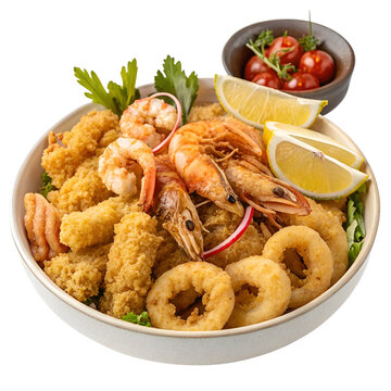 Crispy Mixed Fried Seafood Platter Jalea Style Isolated on White Background
