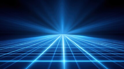 Futuristic abstract background with glowing blue grid and radiant light beams extending toward a horizon in a deep blue atmospheric setting